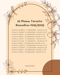 “Carilah malam lailatul qadar pada sepuluh malam terakhir pada malam yang ganjil”.
Riwayat Ahmad No. Hadith 85
Singkaplah tabir di sepuluh malam terakhir ✨
Berlumba kita mencari keredhaanNya.
Hidupkan malam beribadah dan iktikaf.
Berdoa, bertasbih memohon keampunan.
Sungguh persiapan pemburuan malam LailatulQadar ini bukan hanya pada 10 malam terakhir, tetapi usaha kita untuk ditemukan dengan malam seribu bulan ini bermula sejak awal Ramadan lagi.
Surah al-Qadr ayat 1 - 3 menyebut:
“Sesungguhnya kami telah menurunkannya (al-Quran) pada malam kemuliaan. Dan tahukah kamu apakah malam kemuliaan itu? Malam kemuliaan itu lebih baik daripada seribu bulan.”